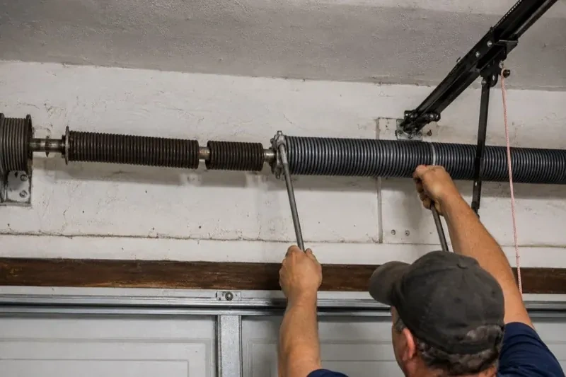 Person holding metal bars beside exposed coiled springs above a garage door. — Torsion Spring Replacement, Mississauga