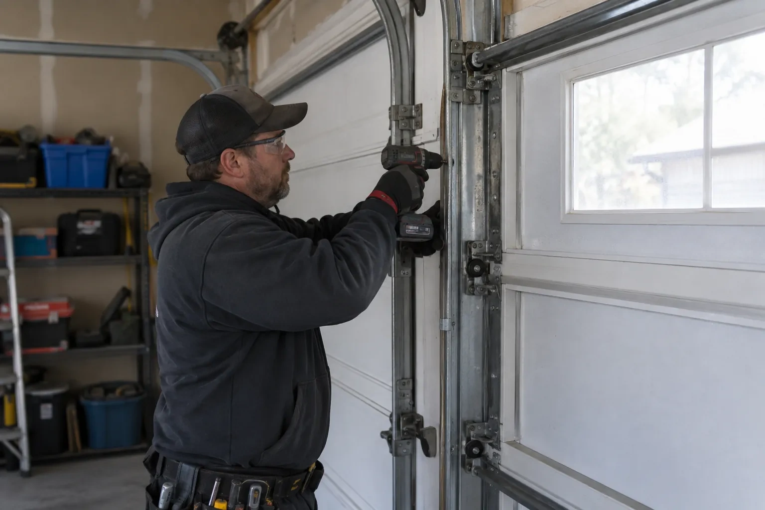 Technician in a black cap holding a cordless drill to a bracket on a vertical track beside a windowed white door. — Erin Mills