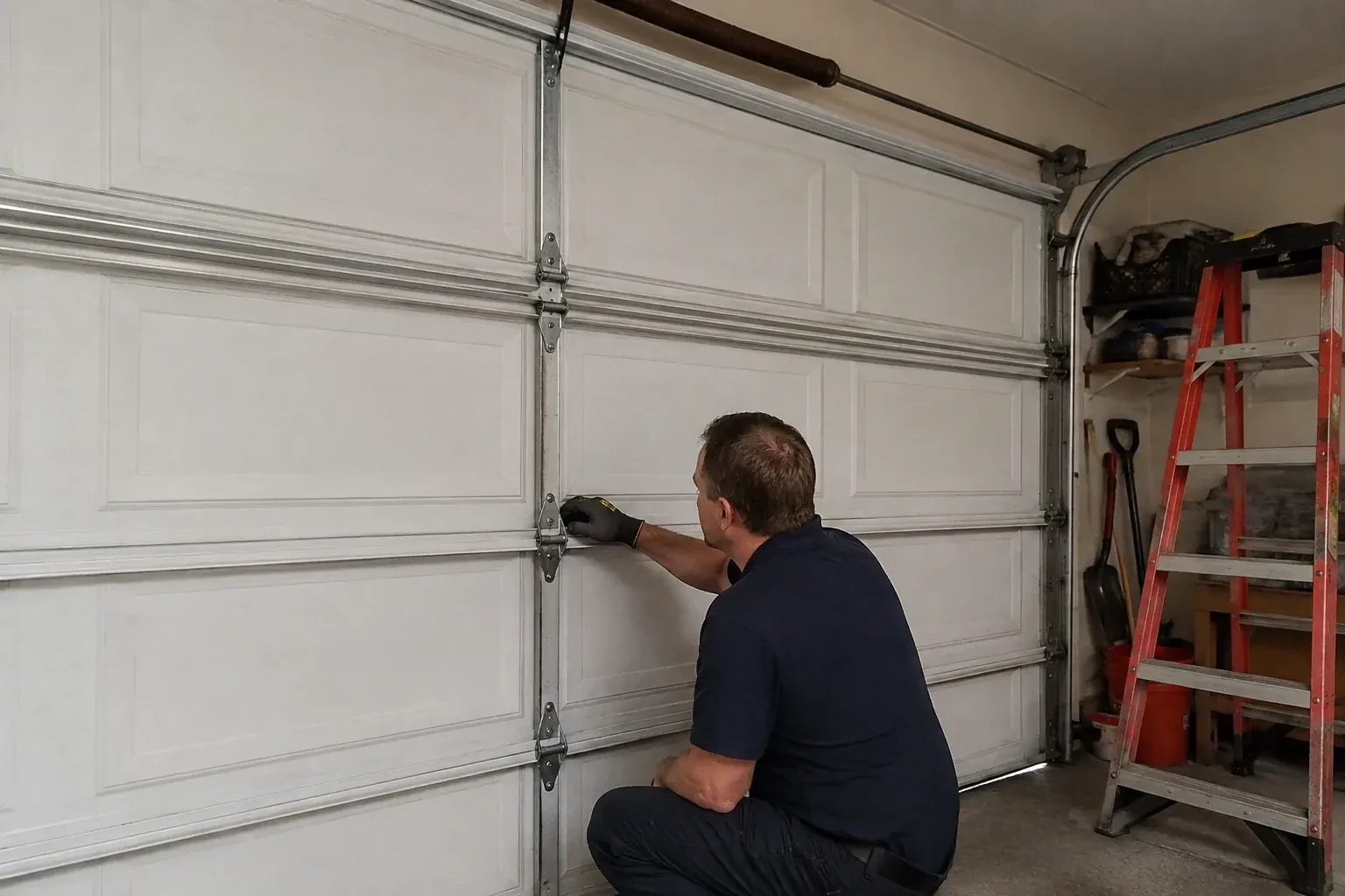 A person examines a central hinge joining two sections of a closed garage door. — Garage Door Hinge Replacement, Mississauga