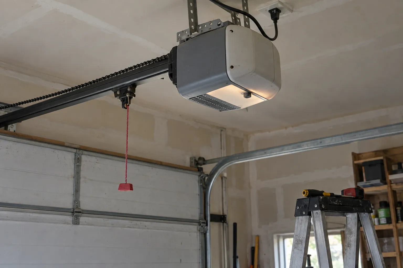 Chain-drive opener hanging from the ceiling with a lit lamp lens and a red pull cord, above a gray door and ladder.