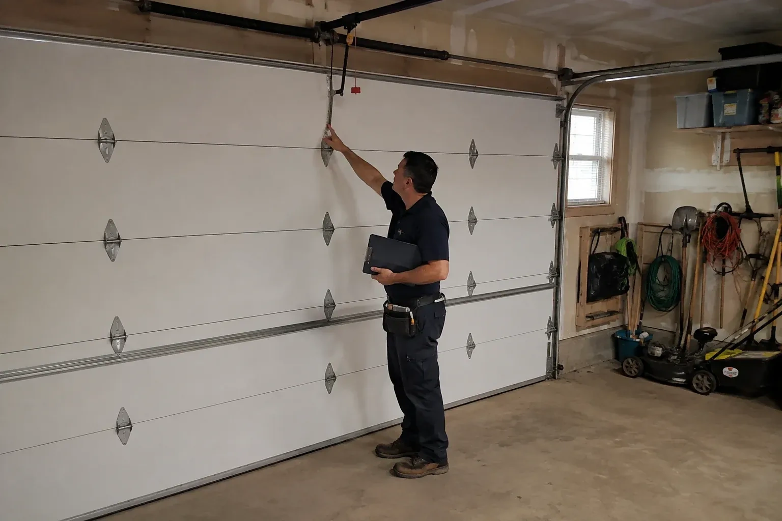 A person holding a clipboard examines the interior hardware of a closed garage door. — Garage Door Tune-Up, Mississauga