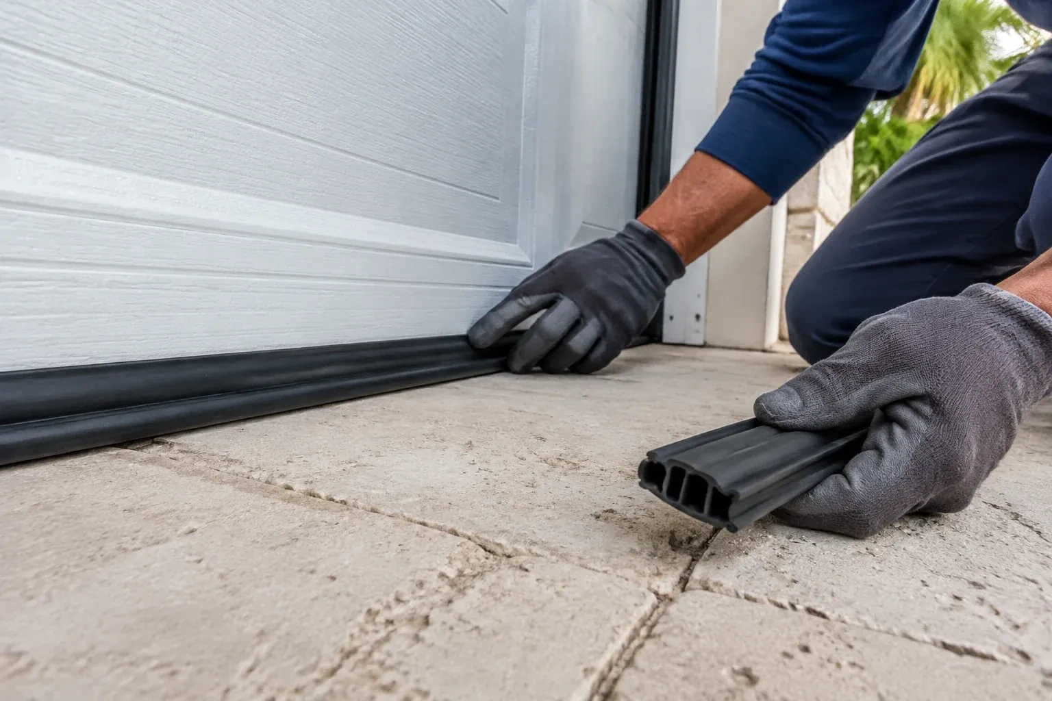 Gloved hands setting a black rubber seal along the base of a white garage door, holding a ribbed strip over paving stones. — Garage Door Bottom Seal Replacement, Erindale