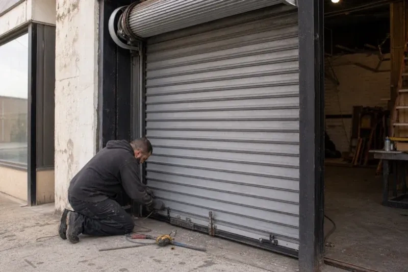 Person kneeling beside the bottom of a metal rolling door with tools on the ground — Commercial Rolling Door Repair, Mississauga