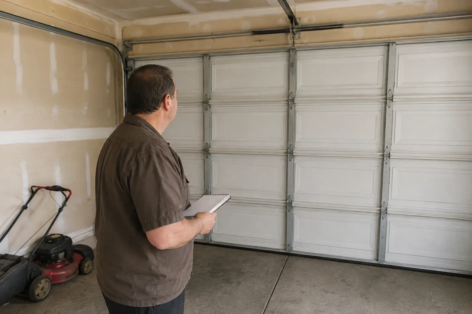 Technician holding a notebook while looking at a closed sectional door. — Garage Door Balance Adjustment, Mississauga