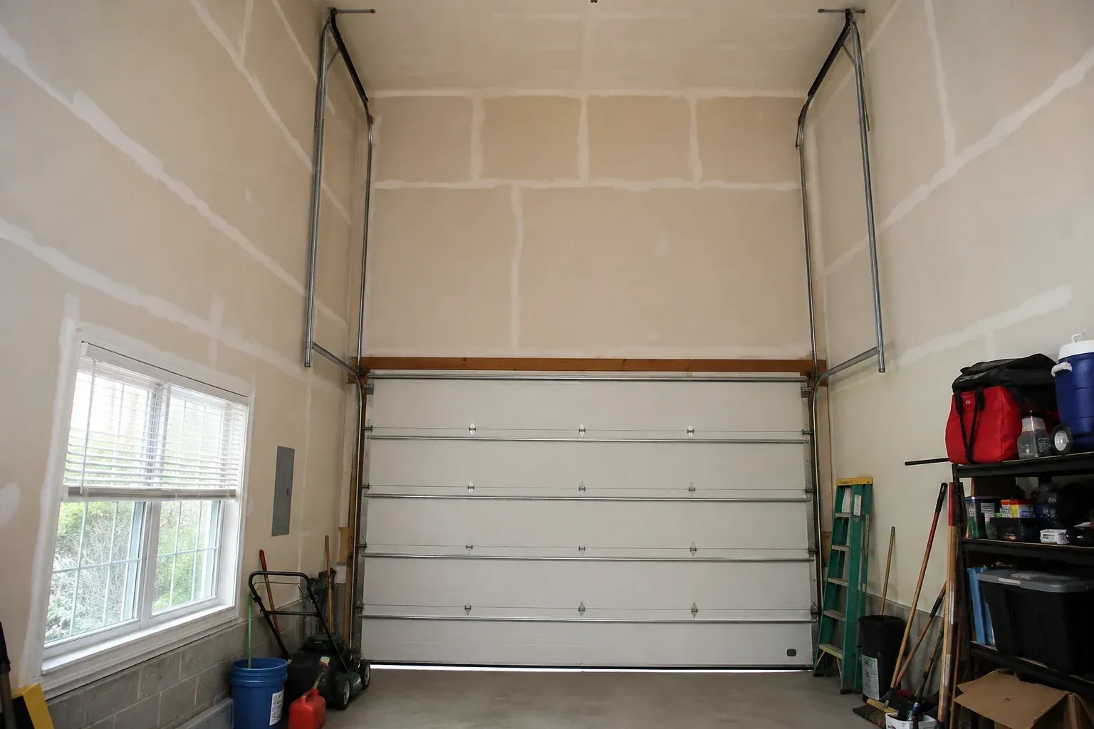 Tall garage interior with a sectional door and tracks extending into overhead space. — High-Lift Garage Door Conversion, Mississauga