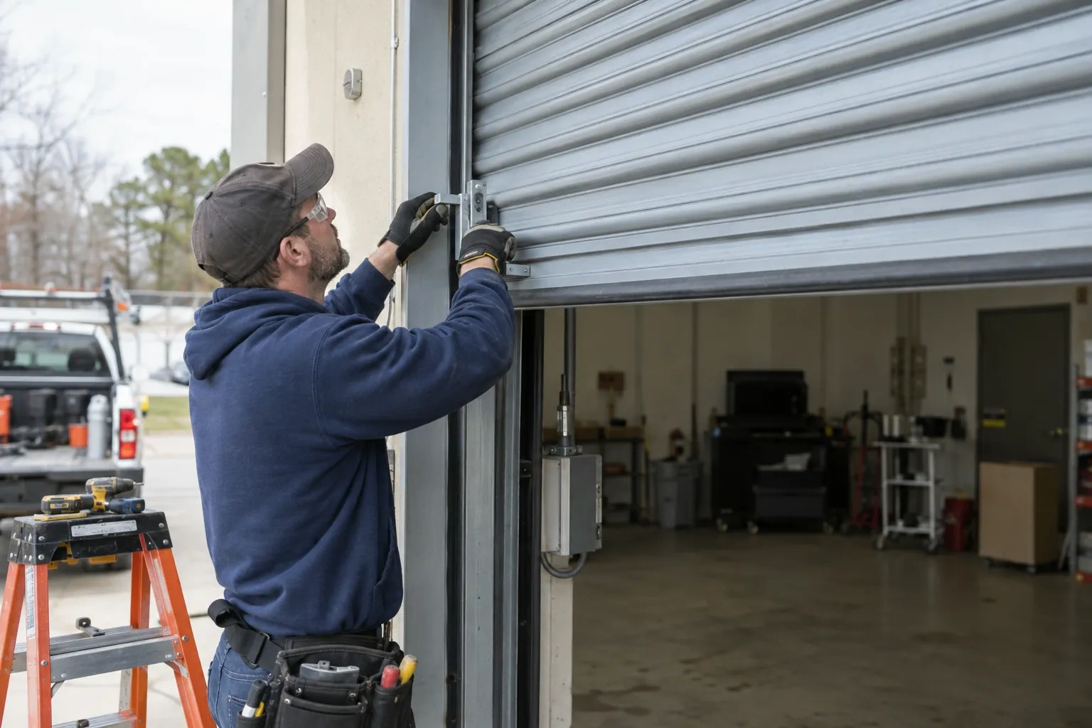 Technician in safety glasses holding a metal bracket against the edge of a partly raised gray rolling steel door.