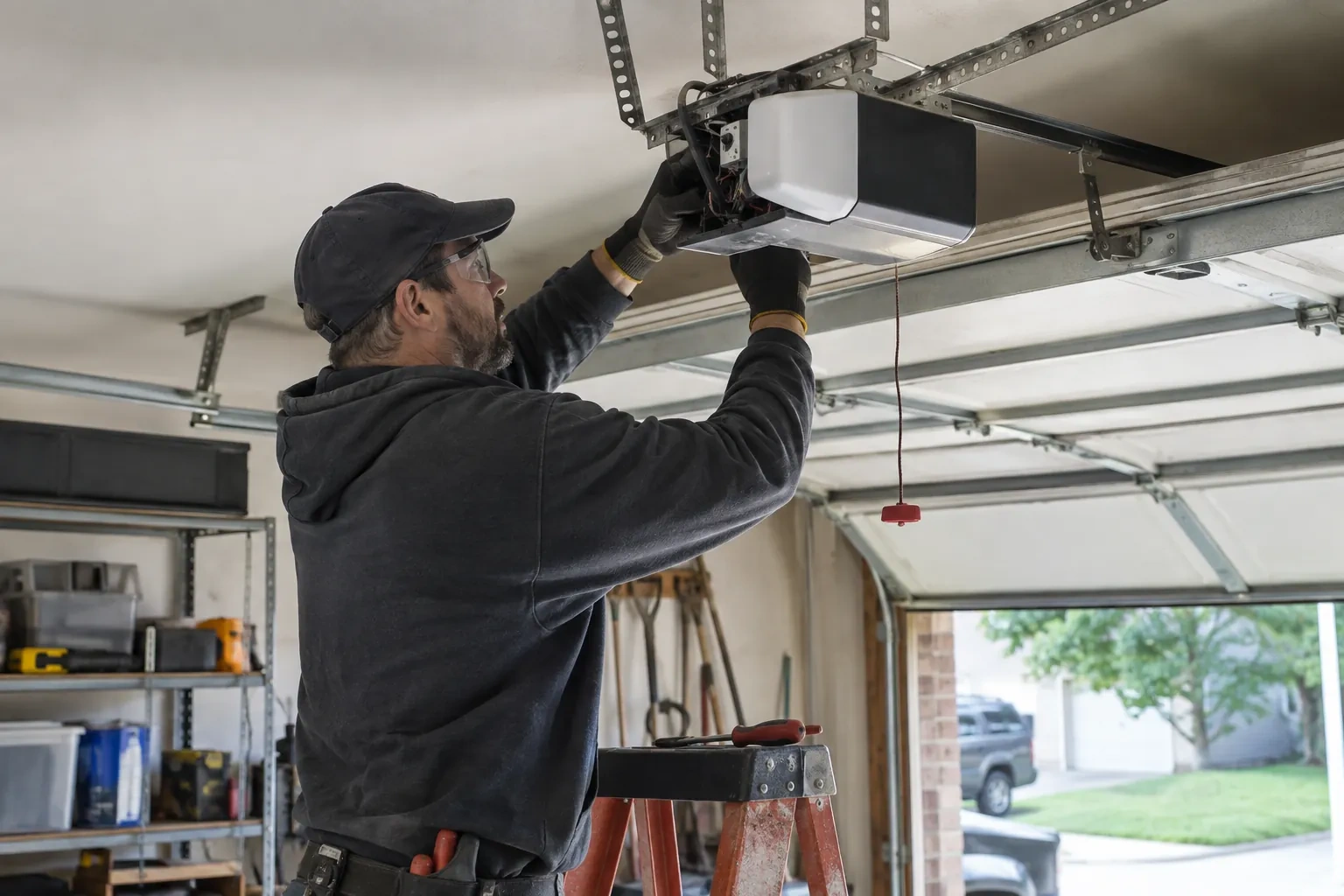 Technician standing on a stepladder, reaching up with gloved hands to a white and black garage-door opener fixed to the ceiling. — Sherwood Forrest