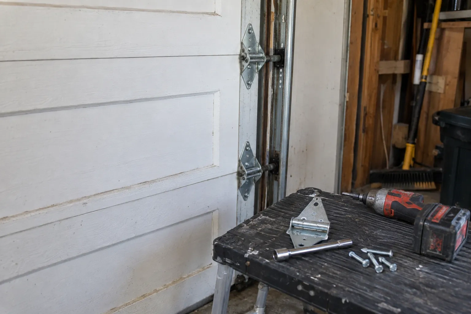 Two metal hinges on the edge of a white paneled door, with a spare hinge, screws and a drill on a bench. — Erindale