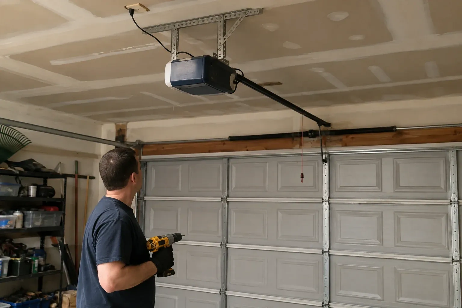Person holding a yellow drill and looking up at a blue and white opener above a gray paneled garage door. — Chain-Drive Opener Repair, Mississauga
